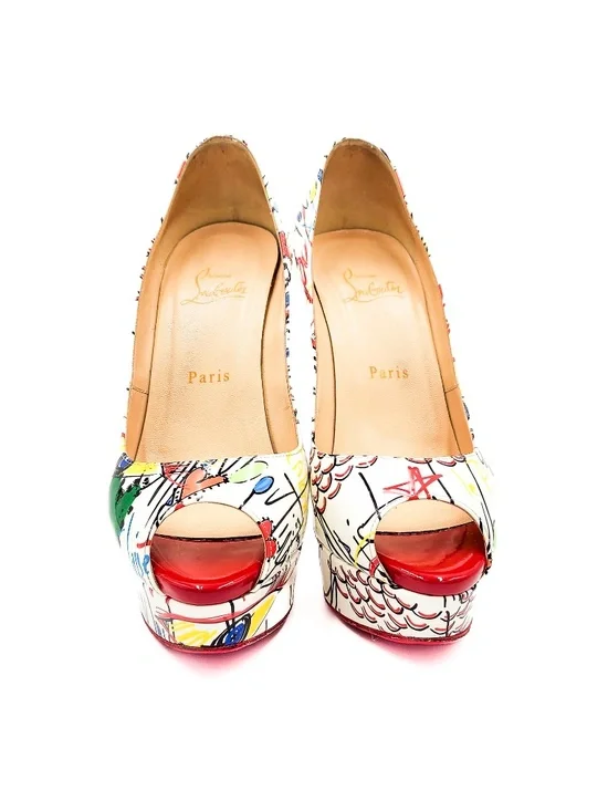 Christian Louboutin Fetish Peep 150 Graffiti Patent Leather Platform Pumps EU 38 - Picture 3 of 9